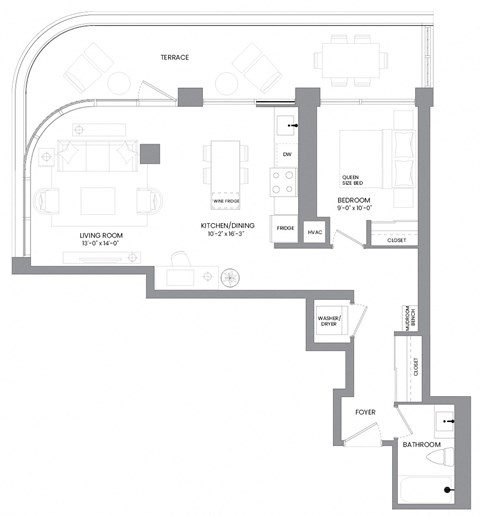 Floor plan for 1 bed, 1 bath, 711 sqft